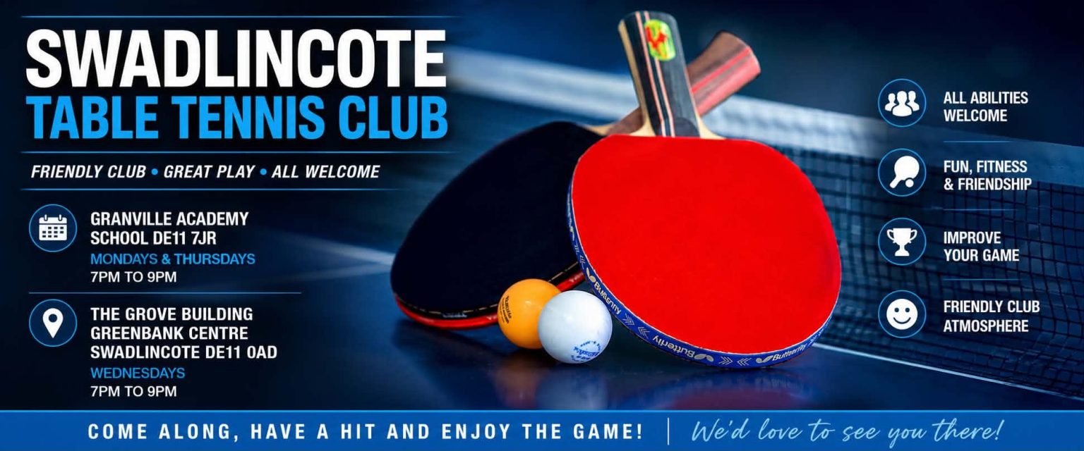 Swadlincote Table Tennis Club: friendly club, great play, all welcome. Granville Academy Mondays and Thursdays, Greenbank Centre Wednesdays, 7pm to 9pm.